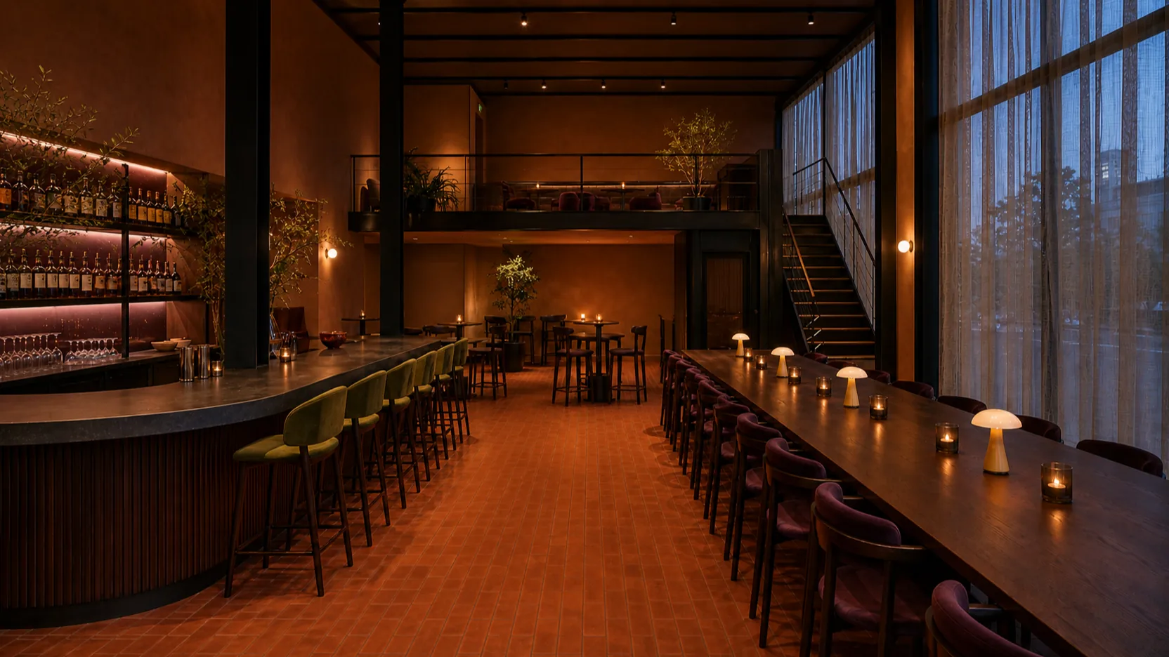 DS Cocktail Bar with a curved timber bar, Long Table and rear mezzanine.