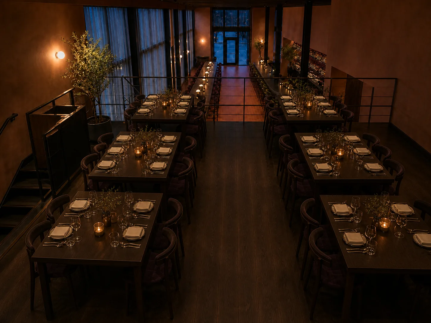 The Mezzanine set for dinner with six tables overlooking the bar.