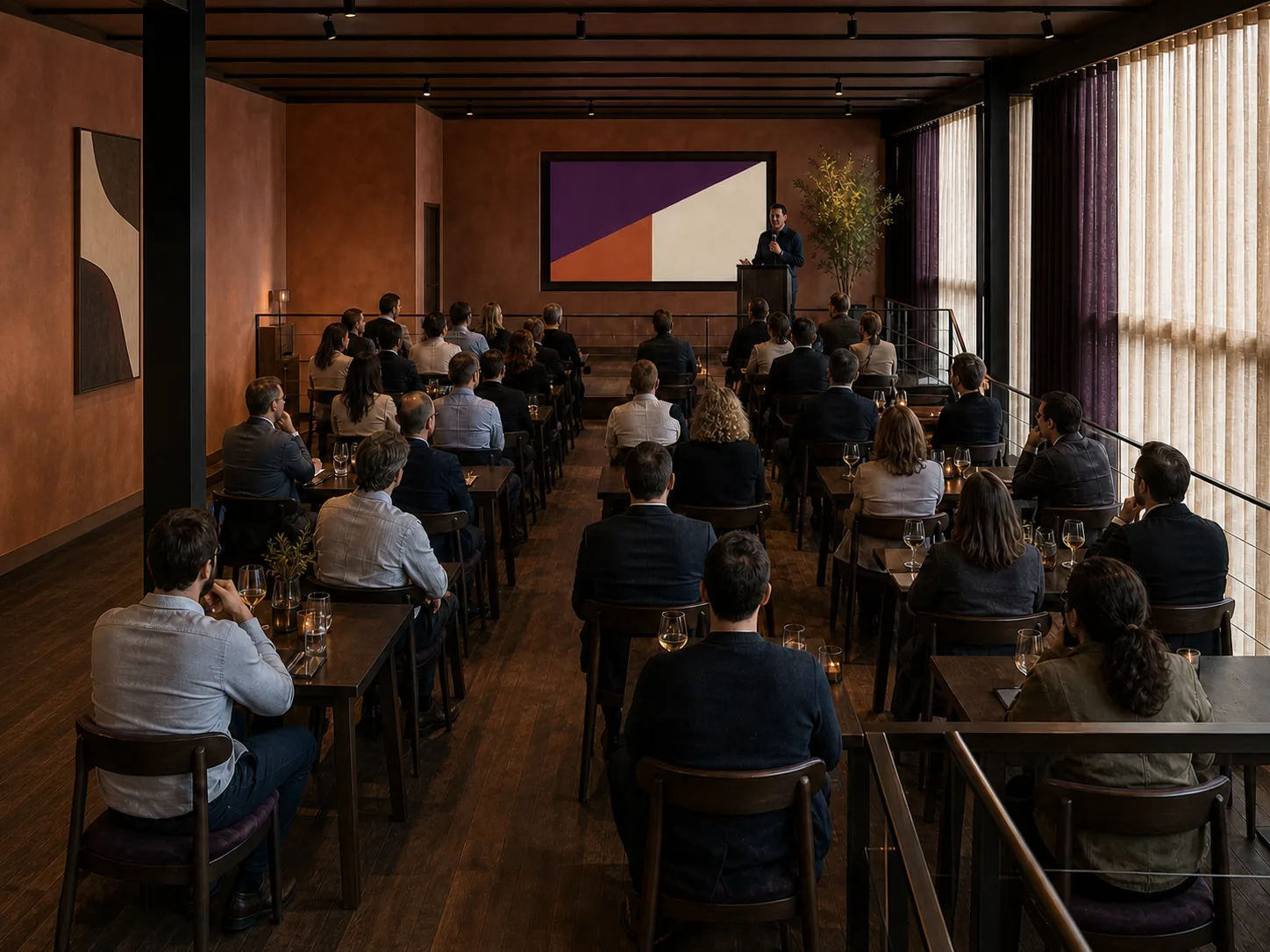 A presentation on the Mezzanine with guests facing the recessed display.