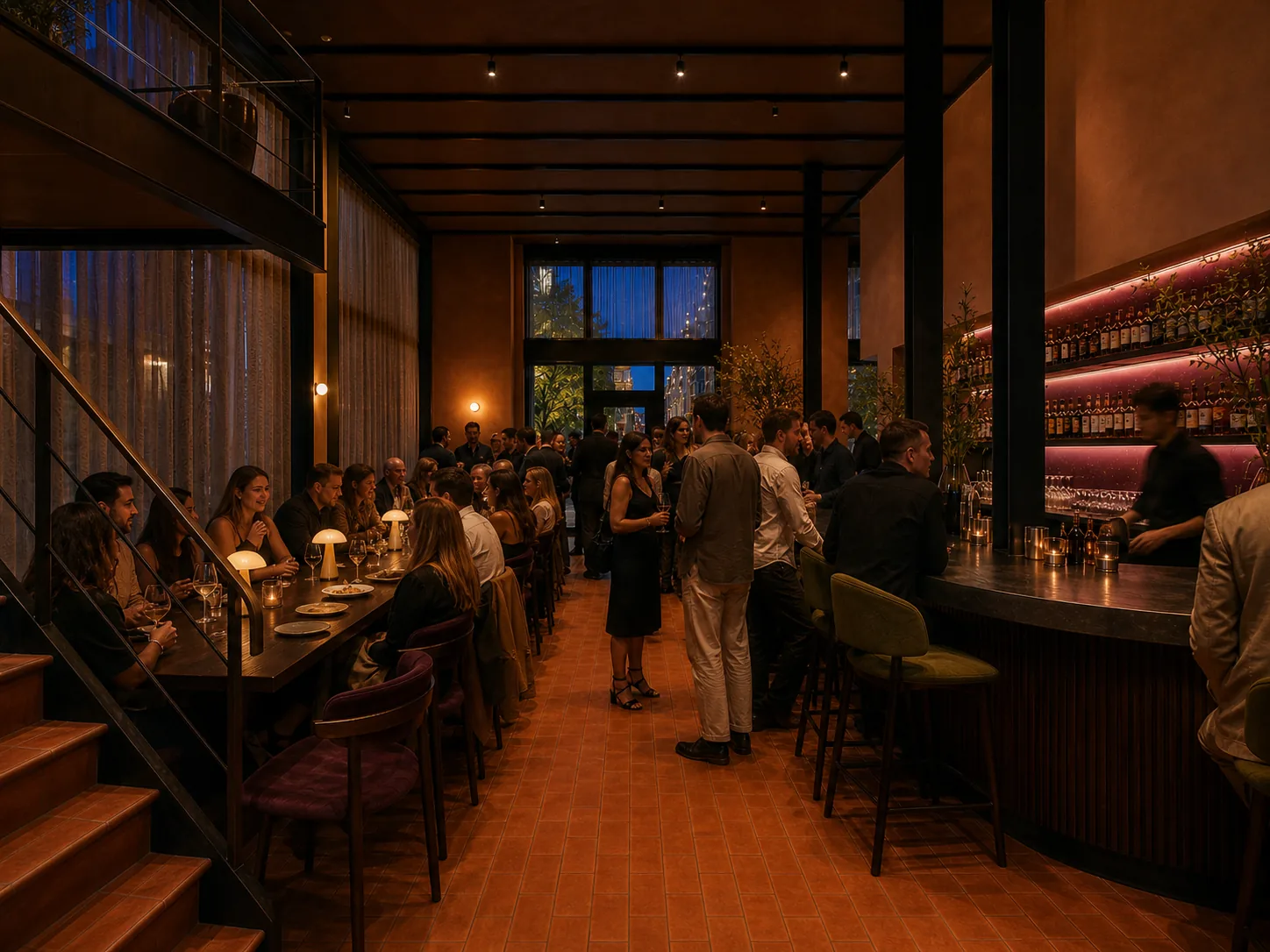 Guests gathering between the Long Table and curved bar.