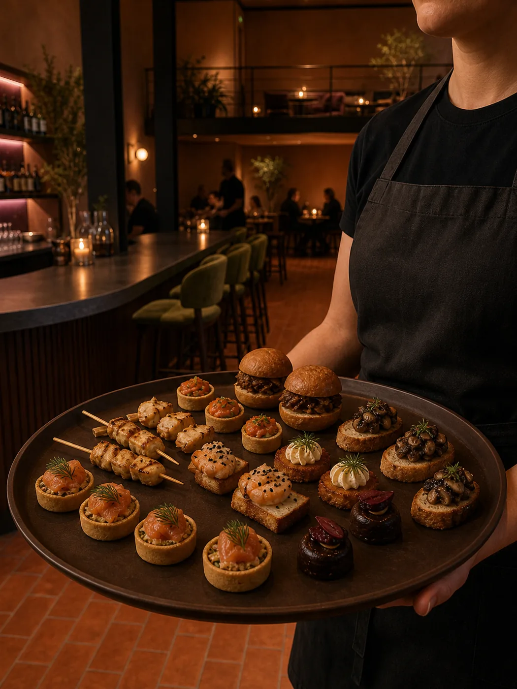 A server carrying Night Service canapes through the bar.
