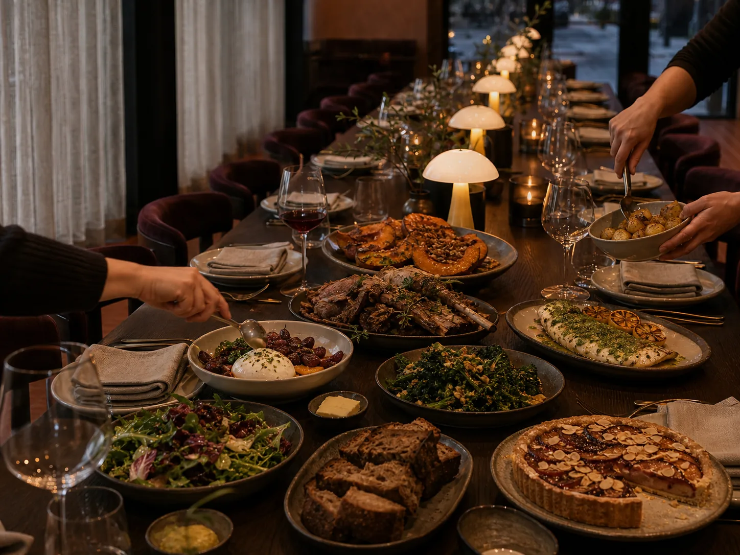 Lamb, market fish, vegetables and plum tart across the Long Table.