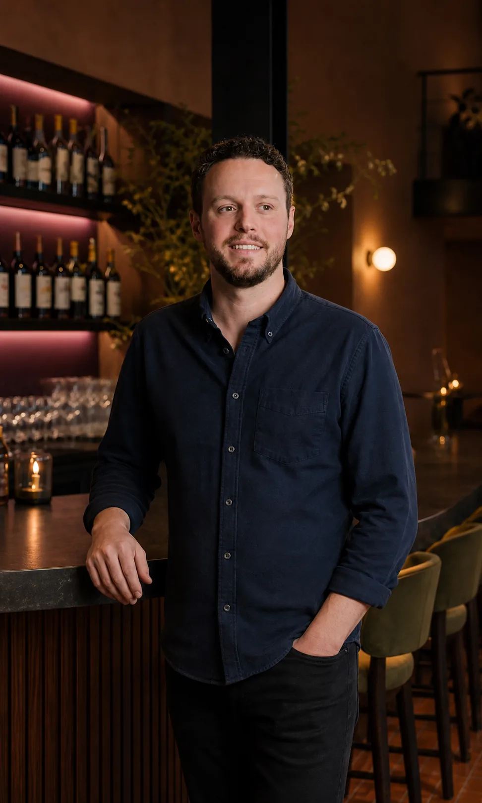 Dave Smith standing at the curved timber bar at DS Cocktail Bar.